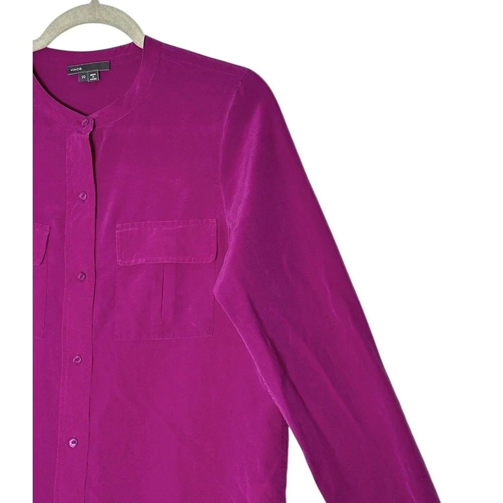 VINCE Top Women's Size 10 100% Silk Hot Pink Long Sleeve V-Neck Button Up Career - Picture 8 of 8